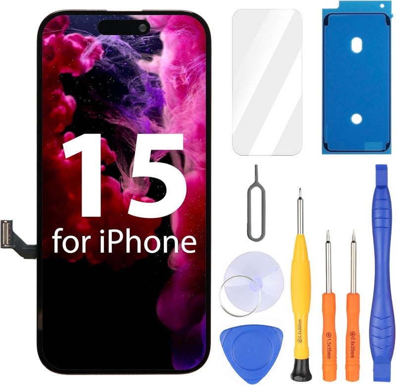 for iPhone 15 Screen Replacement, 6.1 inch FHD LCD Display and Touch Digitizer Screen, Face ID Remains, True Tone Programmable(for A2846, A3089, A3090, A3092)